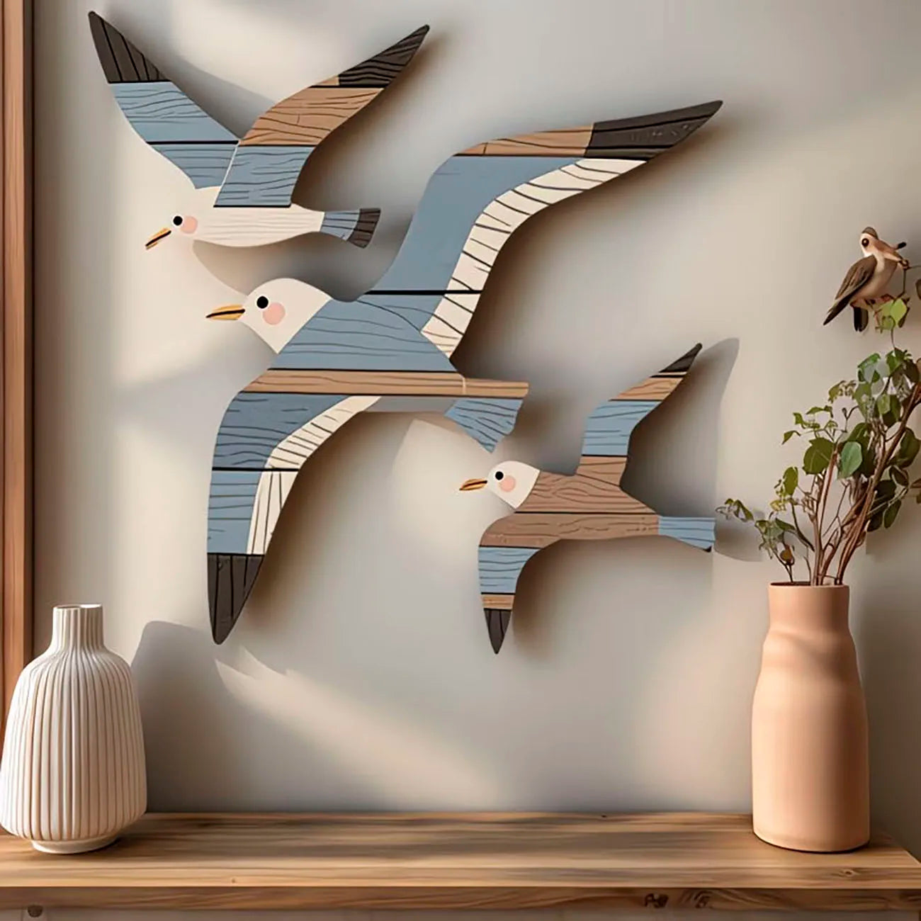 Décoration Murale Mouettes en Bois – Lot de 3, Style Bord de Mer & Rustique