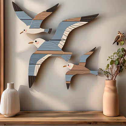 Décoration Murale Mouettes en Bois – Lot de 3, Style Bord de Mer & Rustique