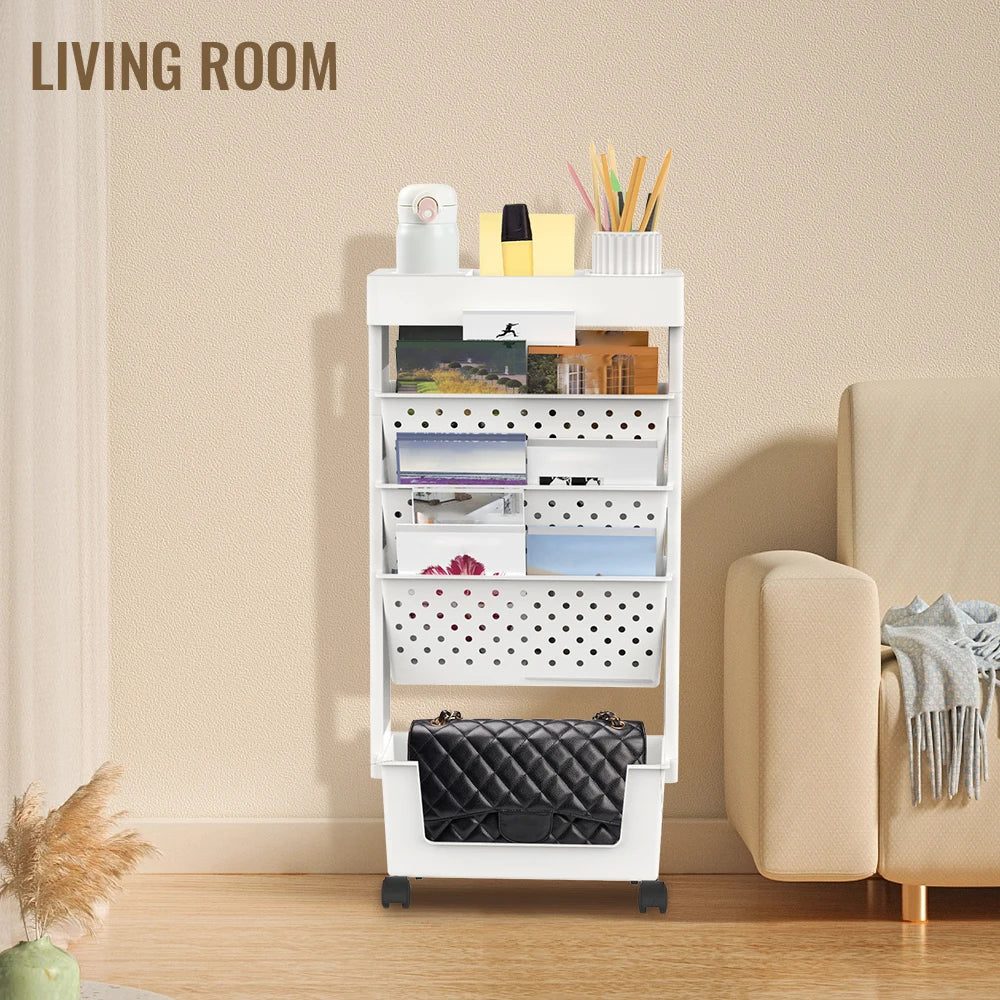 Étagère mobile à roulettes 5 niveaux – Organiseur ABS blanc, bureau & salon
