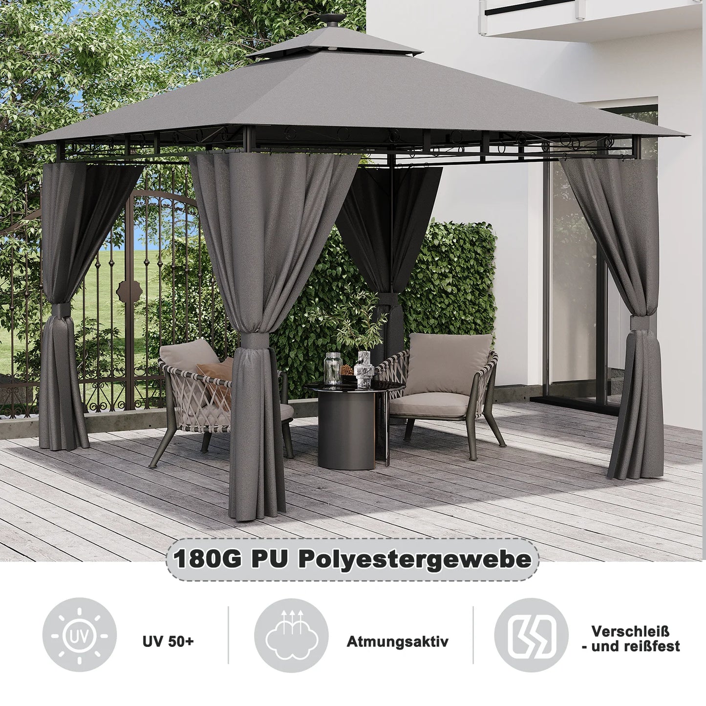 Pergola de Jardin 3x3m Double Toit – Aluminium, Rideaux Zippés & LED Solaire Optionnel | Devoko