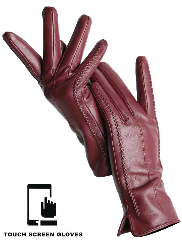 Gants Cuir Femme Hiver - Peau de Mouton Doublés Velours Tactiles