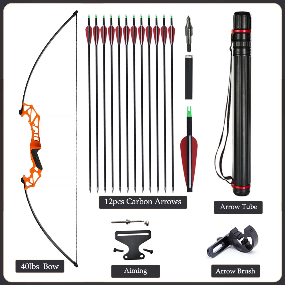 Arc Recurve Tir à l'Arc 20-50lbs Démontable avec Flèches Carbone Carquois Cible Entraînement