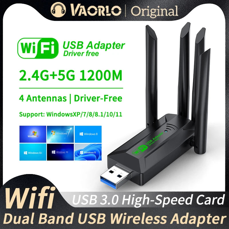 Adaptateur USB Wi-Fi 1200 Mbps double bande 2,4 GHz + 5 GHz, dongle Wi-Fi 4 antennes 802.11ac USB 3.0, carte récepteur sans fil haut débit pour PC/ordinateur portable
