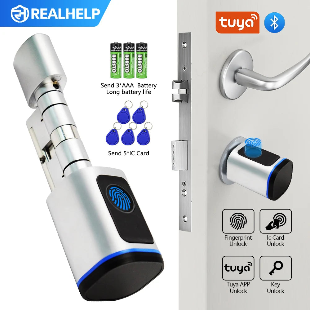 Cylindre de Serrure Connectée Tuya – Empreinte, Carte, App, Clé – Portes EU 35-55mm