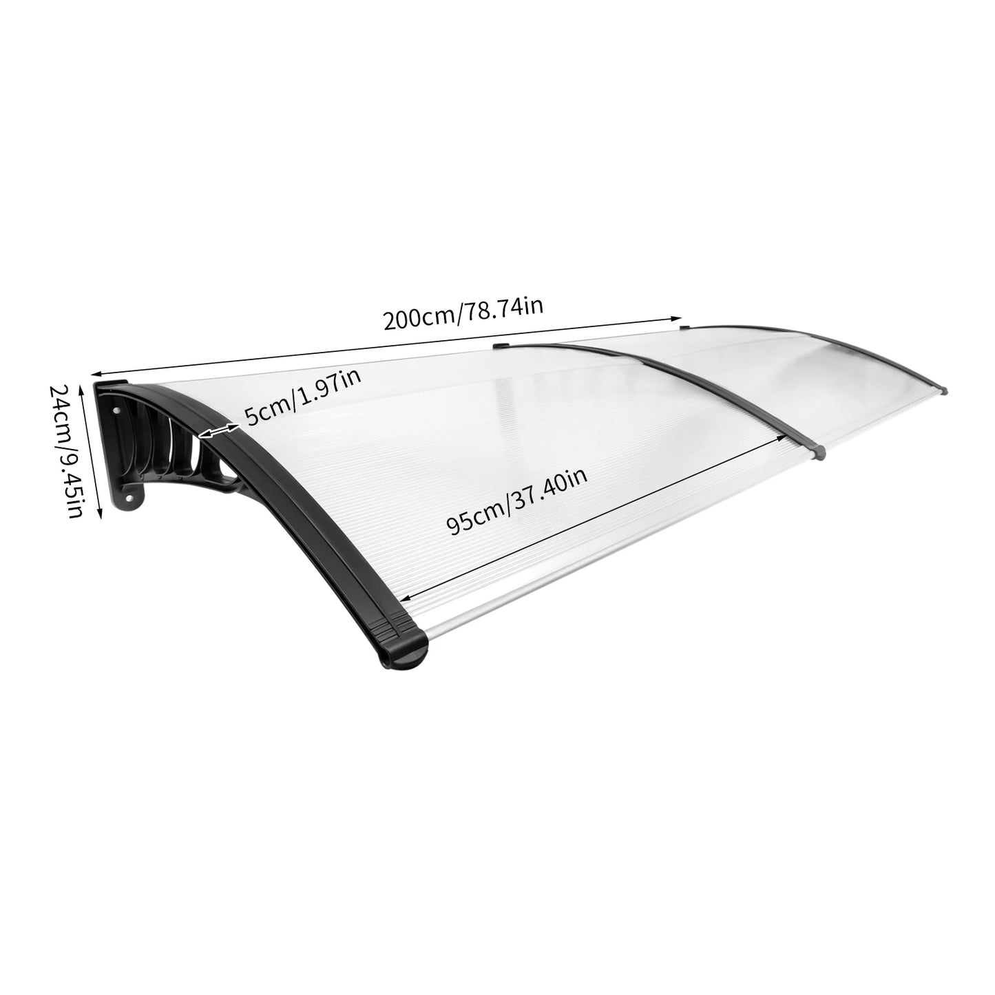 Auvent de Porte Transparent 200x90 cm – Abri Pluie Anti-UV, Polycarbonate, Sans Console Visible