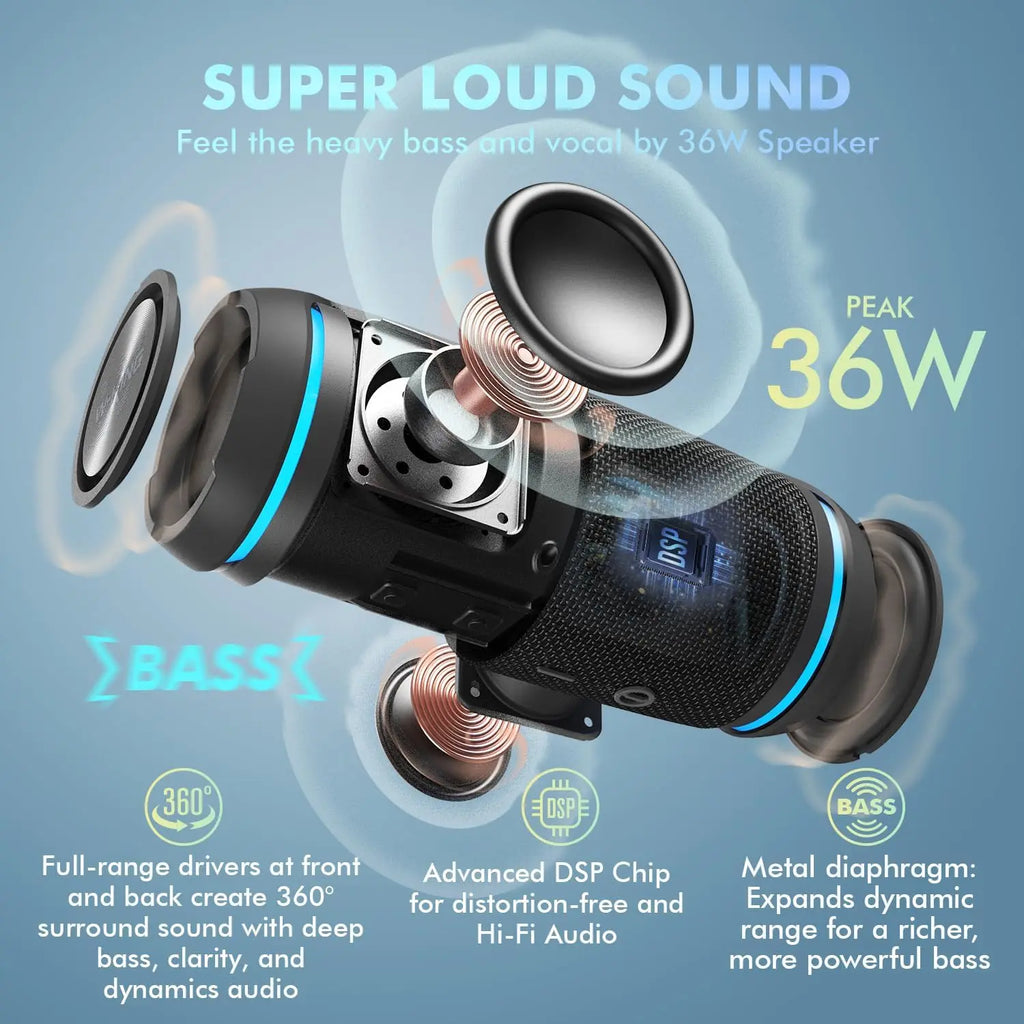 Enceinte Bluetooth W-KING BT226 36W - Son 360° Hi-Fi, IPX6 Waterproof, 24H Autonomie