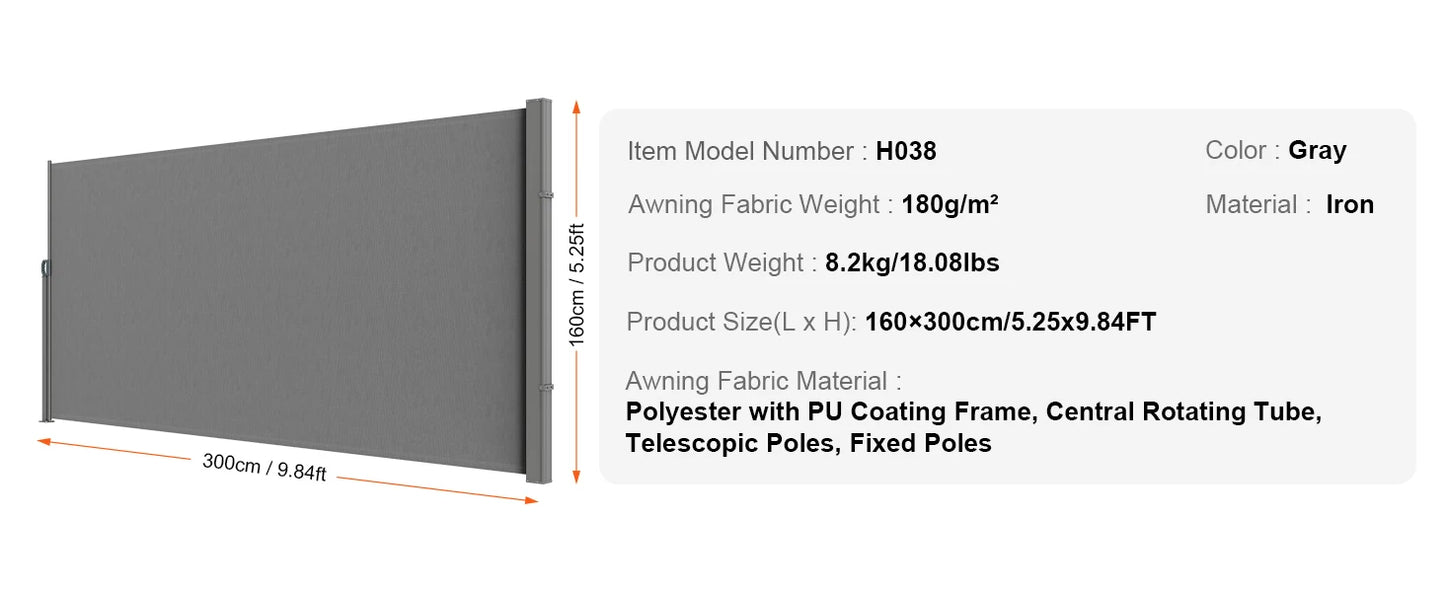Auvent Latéral Rétractable – Brise-Vue Polyester Imperméable UV30+, Pare-Vent Extérieur