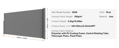 Auvent Latéral Rétractable – Brise-Vue Polyester Imperméable UV30+, Pare-Vent Extérieur
