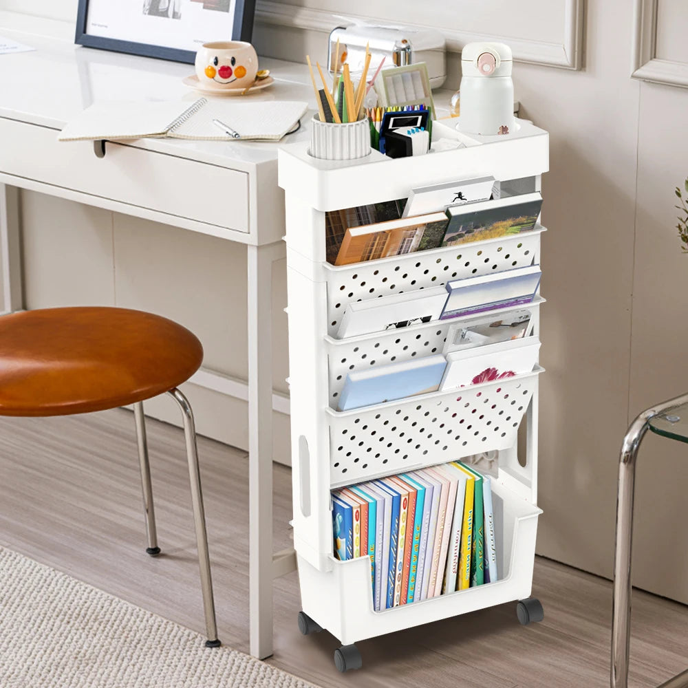 Étagère mobile à roulettes 5 niveaux – Organiseur ABS blanc, bureau & salon