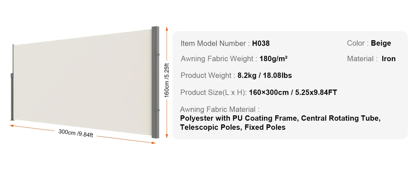 Auvent Latéral Rétractable – Brise-Vue Polyester Imperméable UV30+, Pare-Vent Extérieur