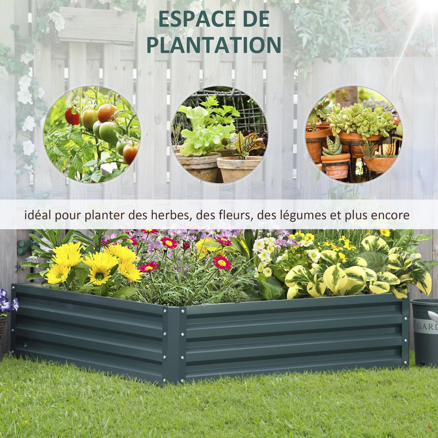 Carré Potager Outsunny 120x120x30 cm – Acier Galvanisé Vert Foncé, Jardinière Surelévée