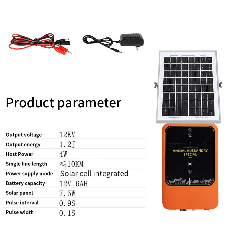 Électificateur de clôture électrique solaire 10 km – 12KV, 1.2J, Batterie 6Ah | Prise EU/US