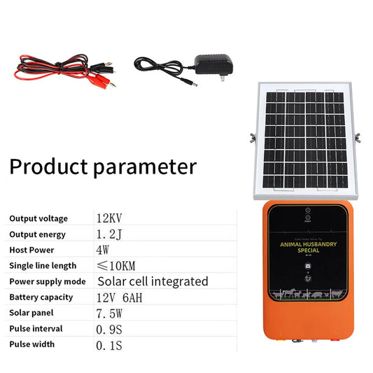 Électificateur de clôture électrique solaire 10 km – 12KV, 1.2J, Batterie 6Ah | Prise EU/US