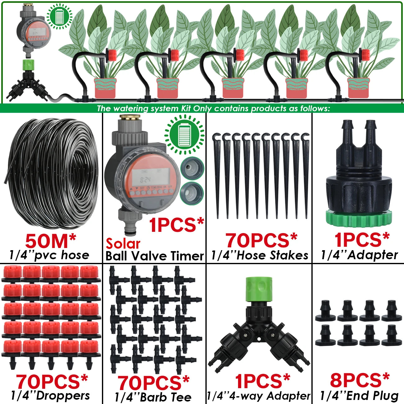 Kit Irrigation Goutte-à-Goutte KESLA – Tuyau 4/7mm, Programmateur & Capteur Pluie (5M à 50M)