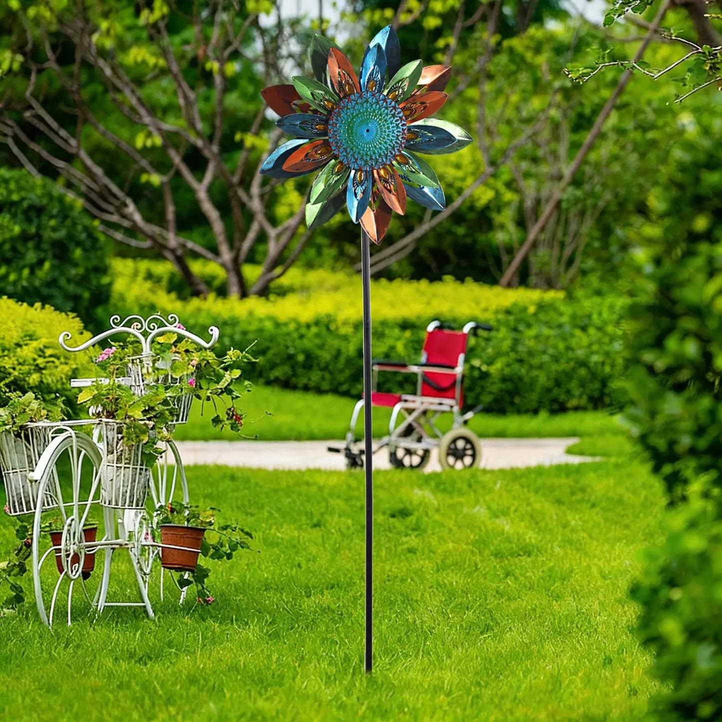 Moulin à Vent Décoratif Tournesol en Métal – Girouette Pivotante 122cm, Décoration Jardin Extérieur