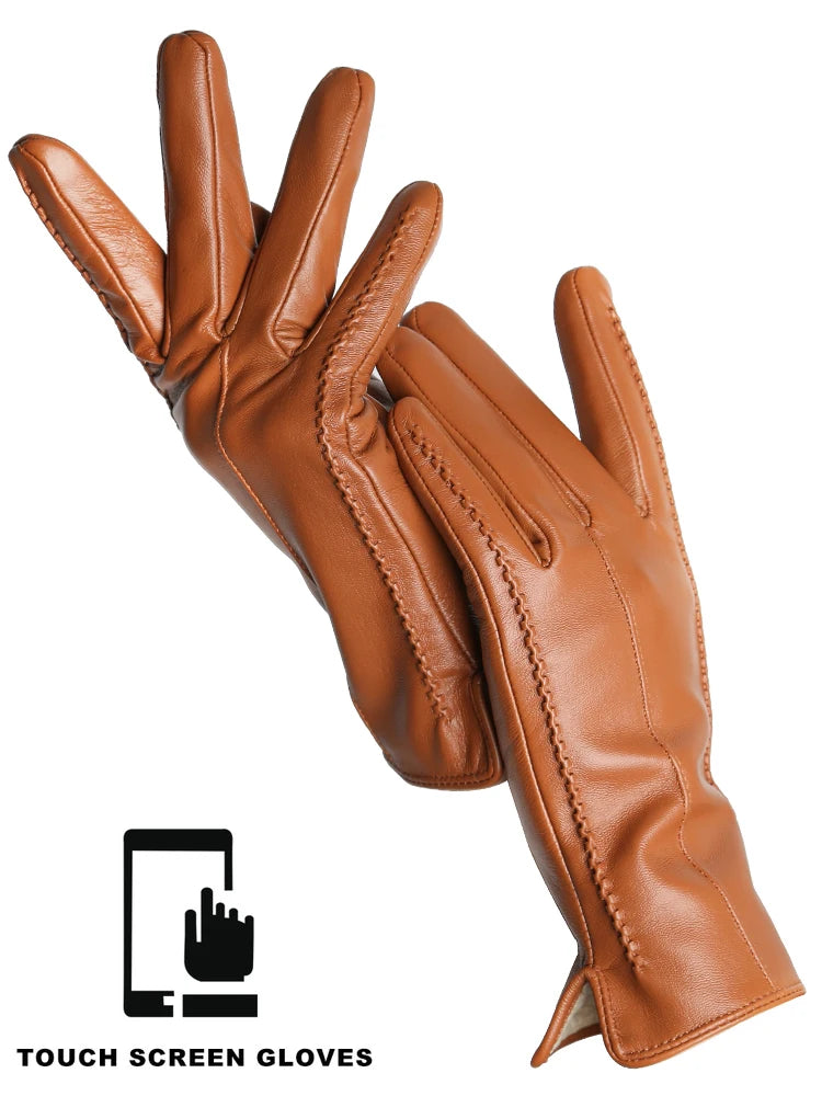 Gants Cuir Femme Hiver - Peau de Mouton Doublés Velours Tactiles