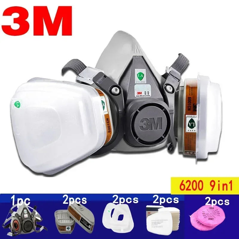 Masque à Gaz 3M 6200 Demi-Masque Réutilisable Peinture Chimique Poussière Filtre Vapeur Toxique Protection
