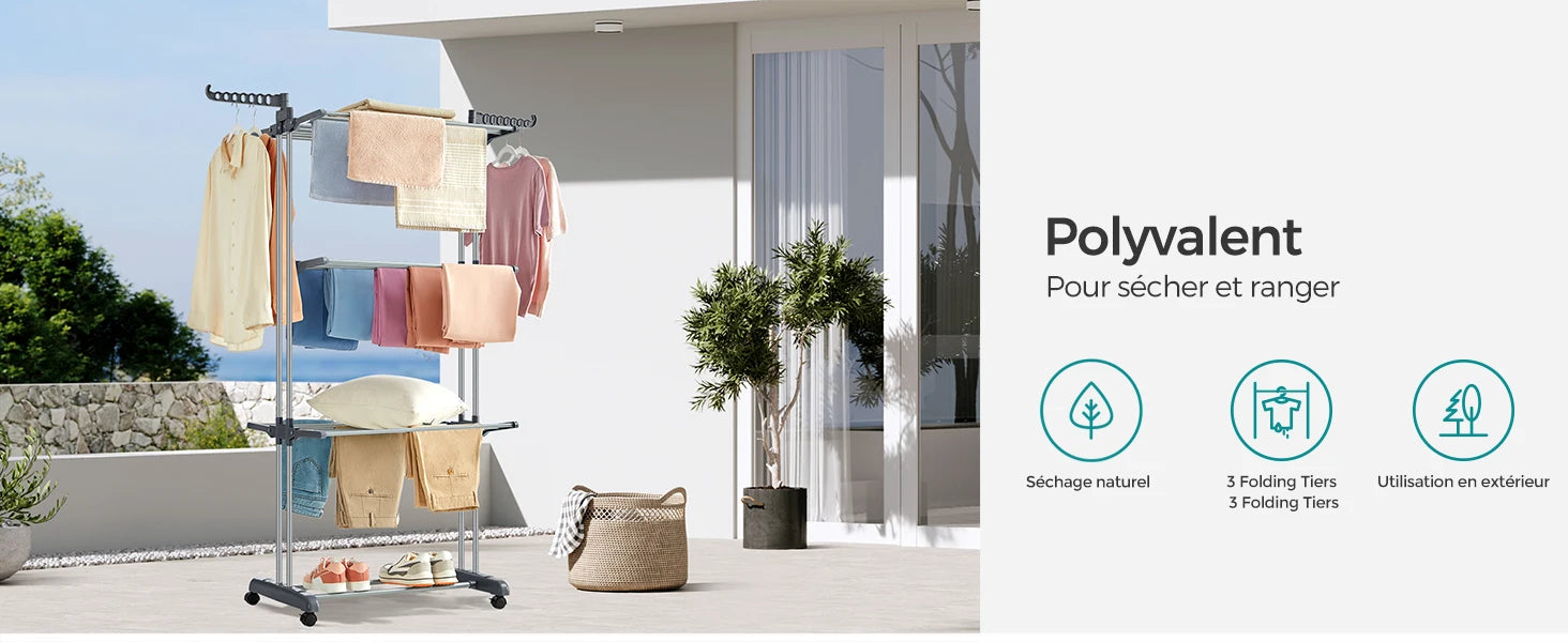 Étendoir à Linge SONGMICS 4 Niveaux Pliable sur Roulettes - 35kg Capacité
