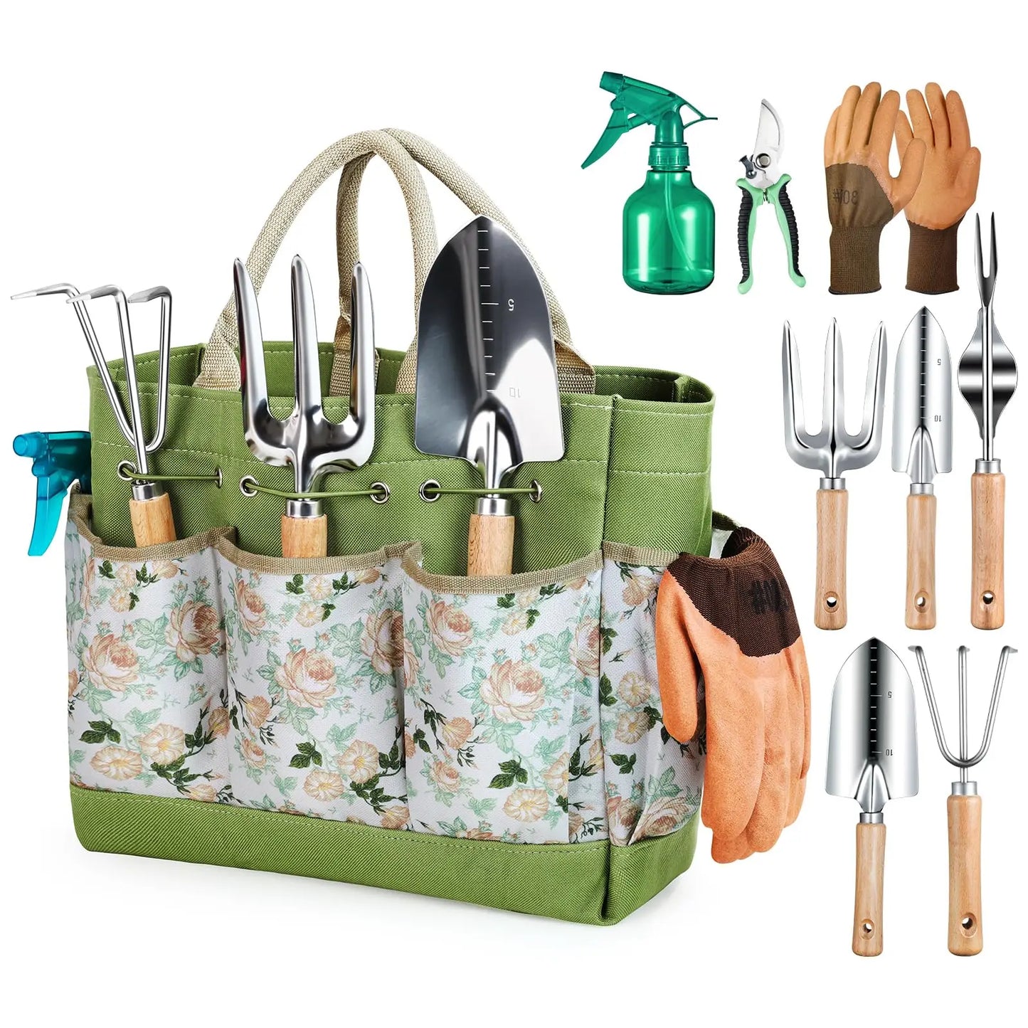Coffret 9 Outils de Jardinage en Acier Inoxydable – Manches en Bois, Désherbage et Plantation