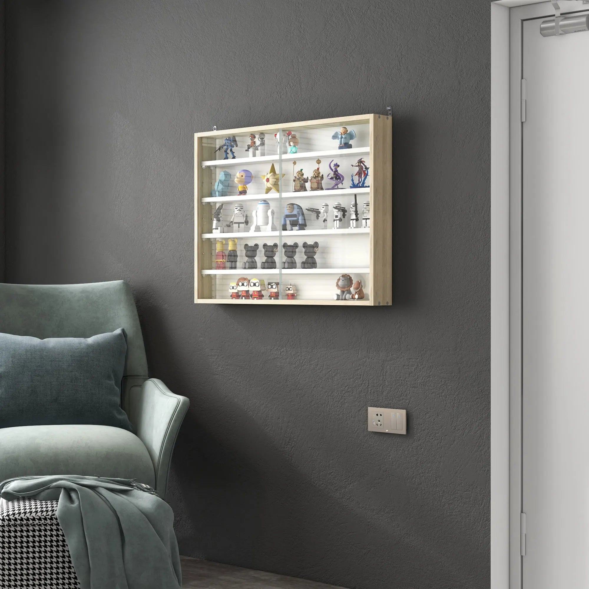 Vitrine Murale 5 Niveaux – 4 Étagères Réglables & Portes en Verre Coulissantes 80×60 cm