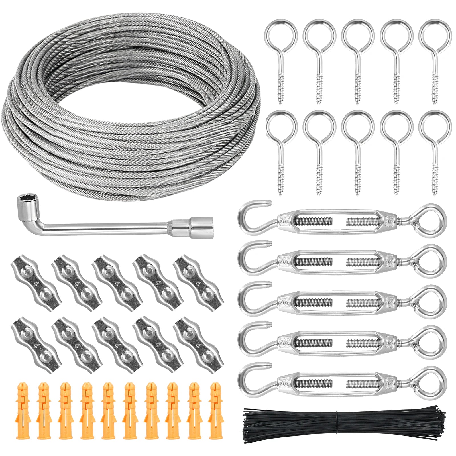 Kit Câble Acier Inoxydable 30M Ø 3mm - 304 Inox - Tendeur Crochets - Jardin Pergola Clôture