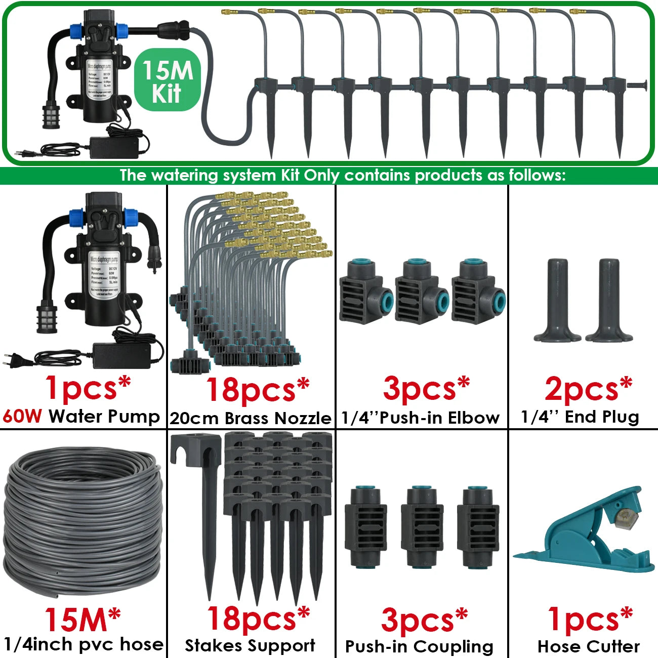 Kit d'Irrigation Jardin 5-30M - Pompe 60W Timer Buse Cuivre 360° Arrosage Automatique Serre