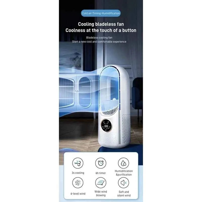 Rafraîchisseur d'Air USB Portable Sans Pale - Ventilateur 6 Vitesses Silencieux avec Humidificateur et Minuterie