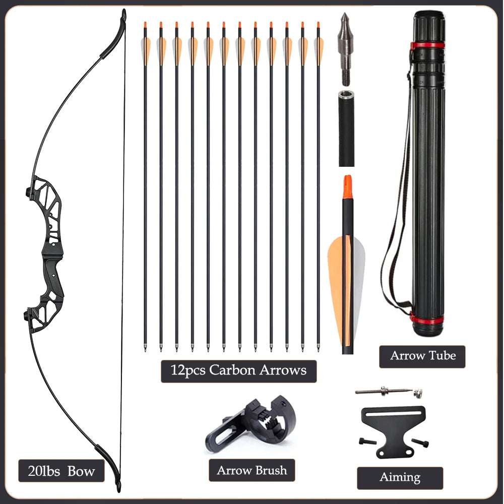 Arc Recurve Tir à l'Arc 20-50lbs Démontable avec Flèches Carbone Carquois Cible Entraînement