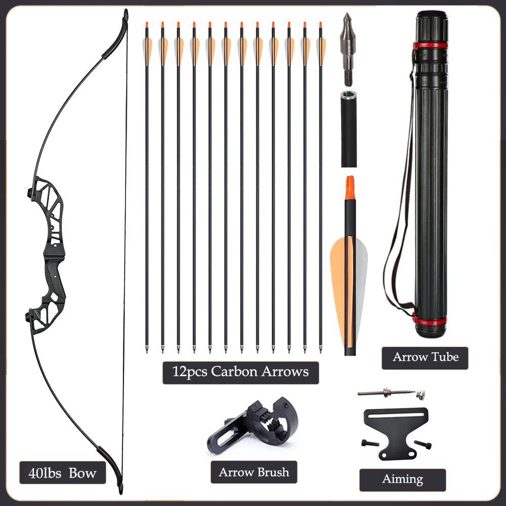 Arc Recurve Tir à l'Arc 20-50lbs Démontable avec Flèches Carbone Carquois Cible Entraînement