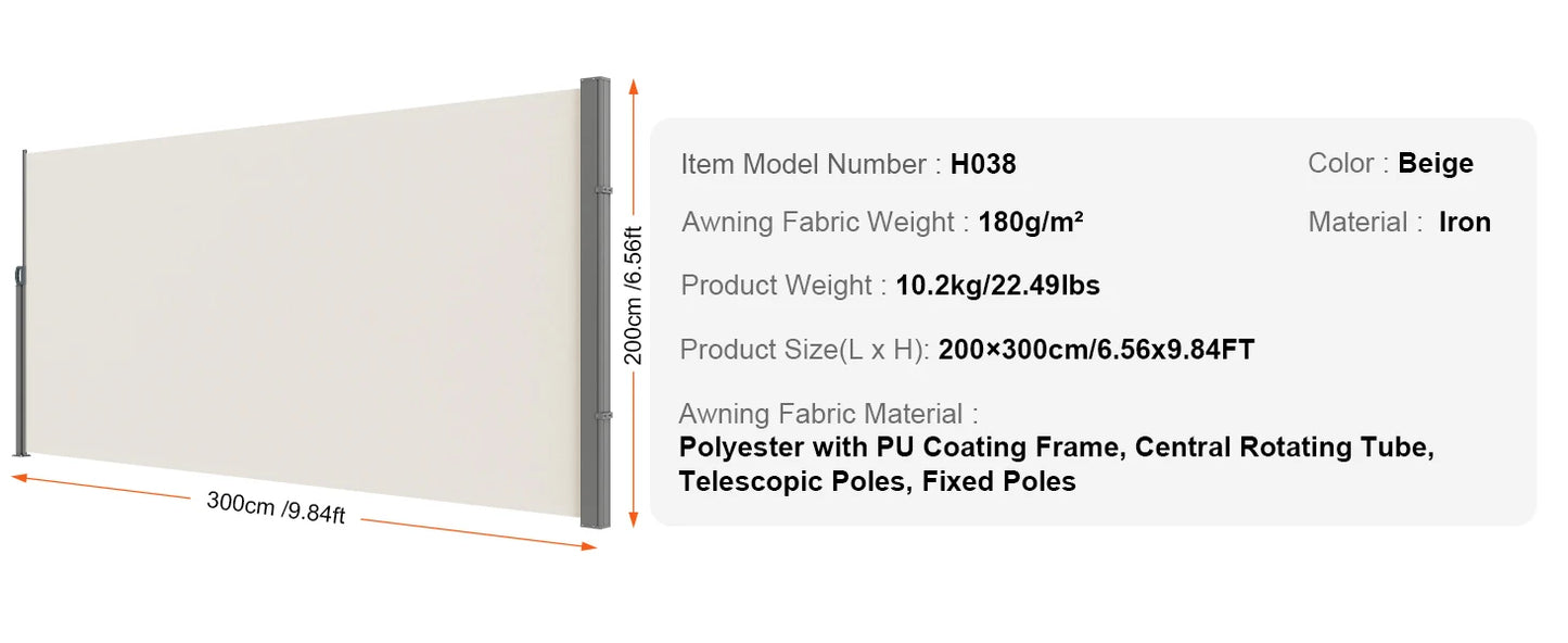 Auvent Latéral Rétractable – Brise-Vue Polyester Imperméable UV30+, Pare-Vent Extérieur