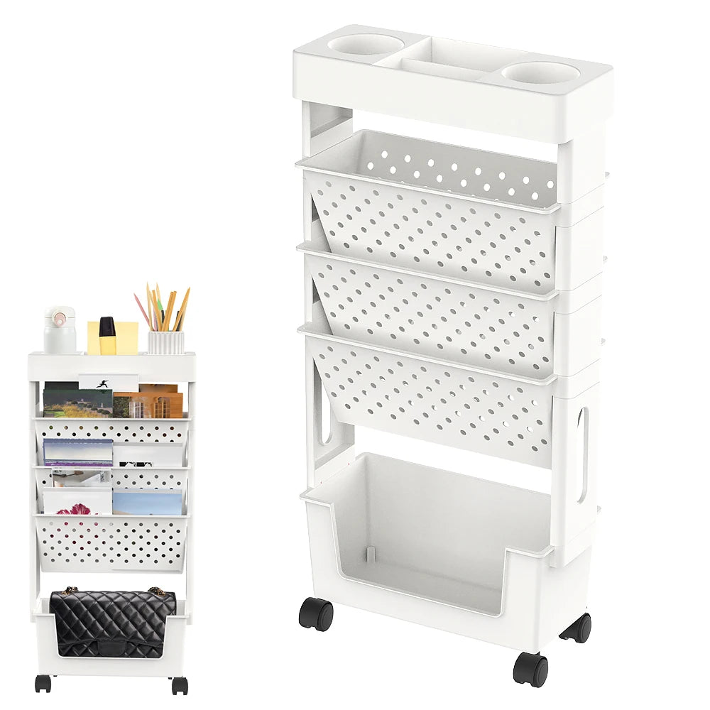 Étagère mobile à roulettes 5 niveaux – Organiseur ABS blanc, bureau & salon