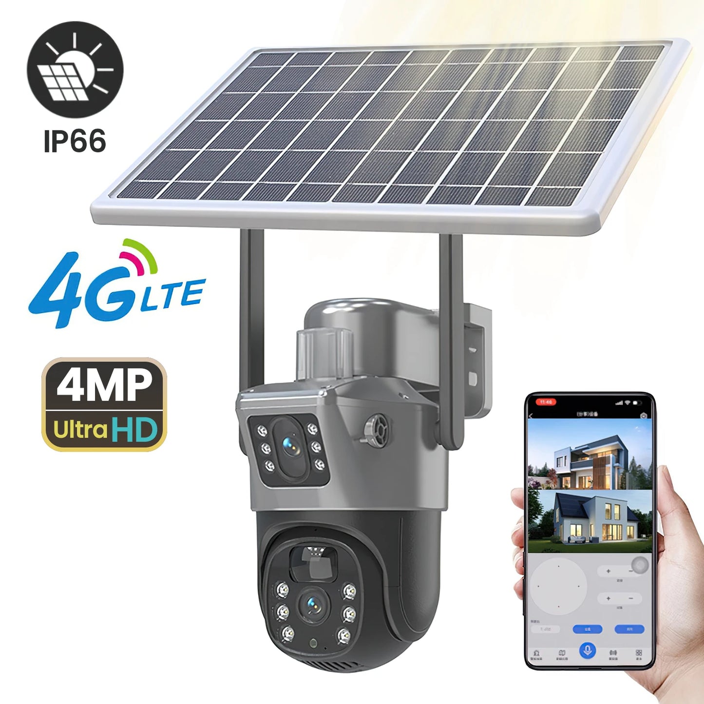 Caméra de Surveillance Solaire PTZ GECOFEER 4MP – 4G/WiFi, Double Objectif, Vision Nocturne, Audio, Extérieur