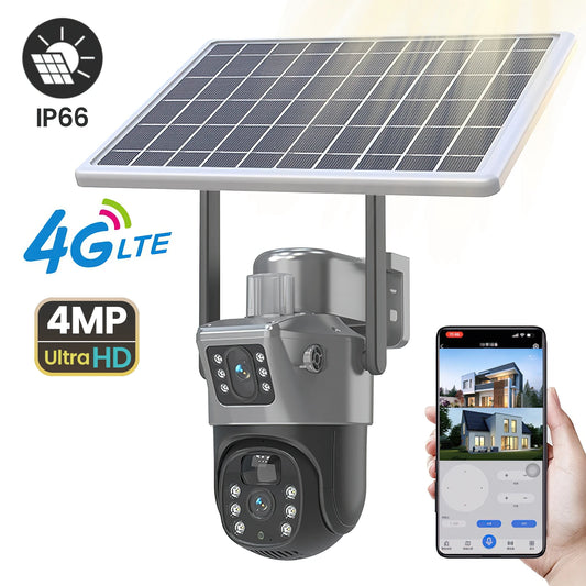 Caméra de Surveillance Solaire PTZ GECOFEER 4MP – 4G/WiFi, Double Objectif, Vision Nocturne, Audio, Extérieur