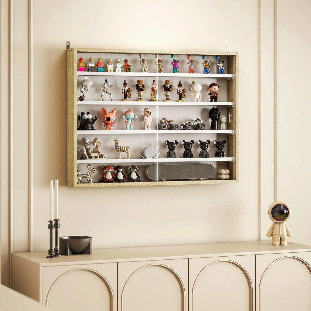 Vitrine Murale 5 Niveaux – 4 Étagères Réglables & Portes en Verre Coulissantes 80×60 cm