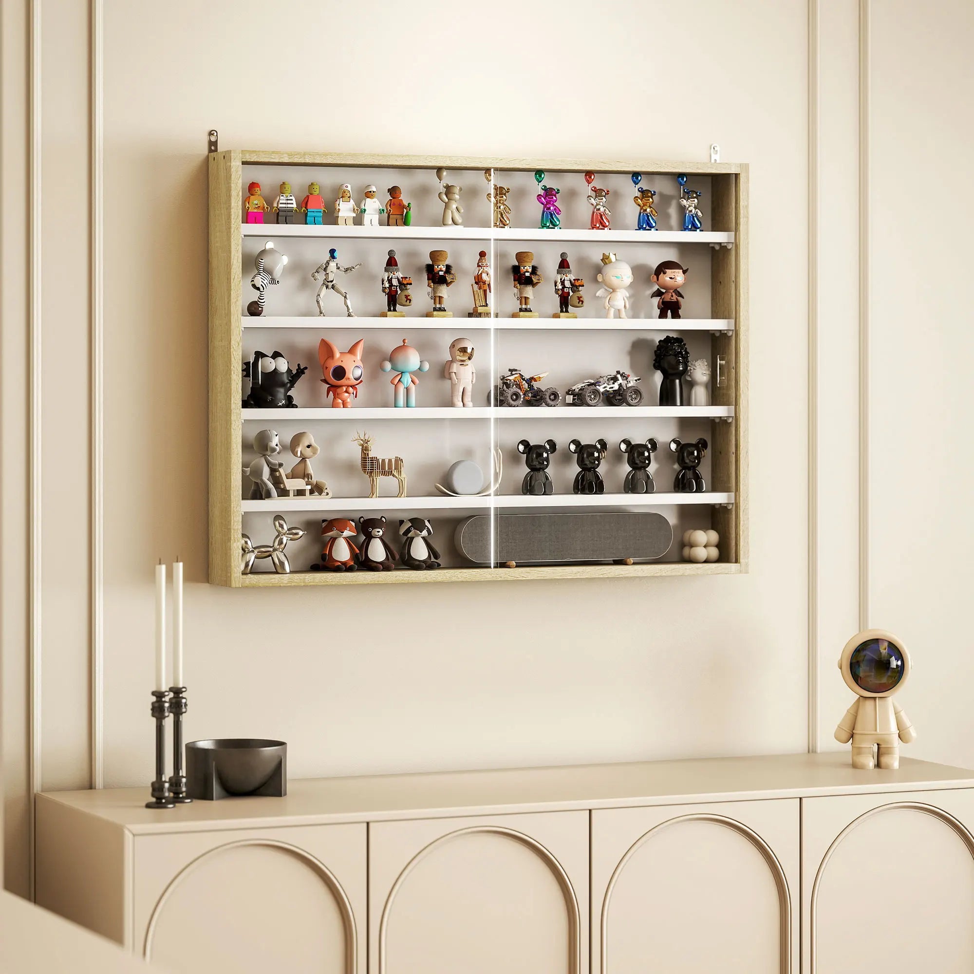 Vitrine Murale 5 Niveaux – 4 Étagères Réglables & Portes en Verre Coulissantes 80×60 cm