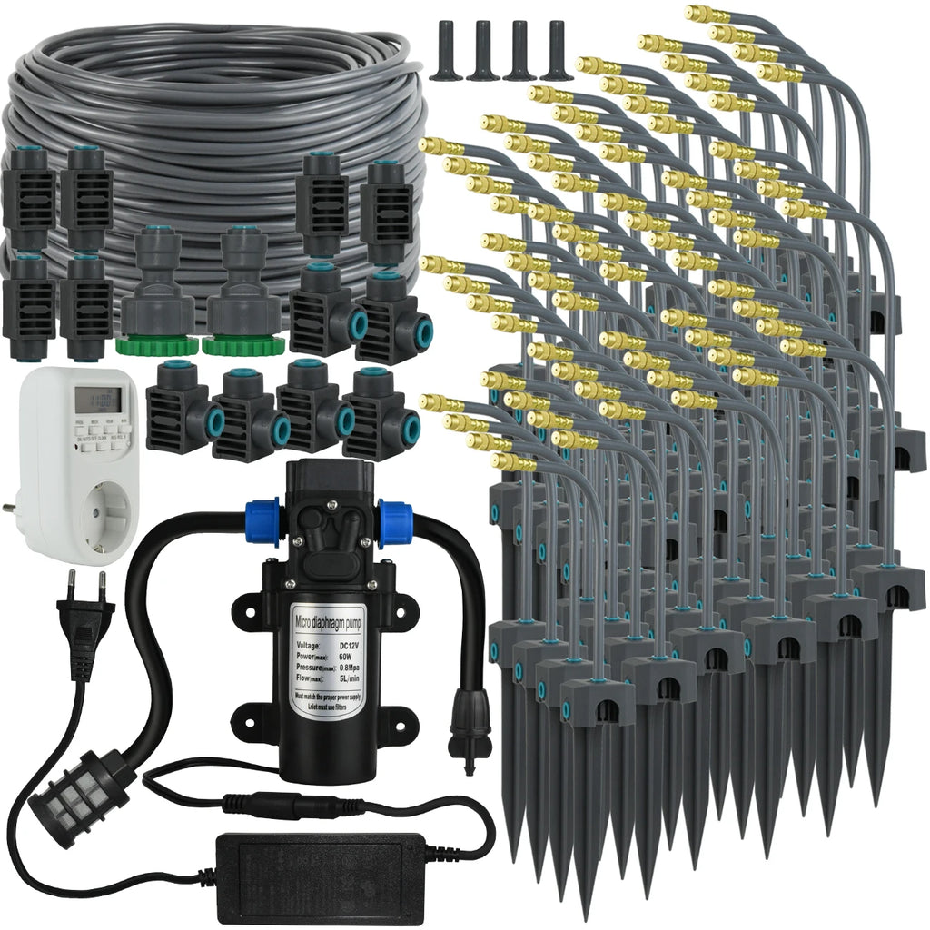 Kit d'Irrigation Jardin 5-30M - Pompe 60W Timer Buse Cuivre 360° Arrosage Automatique Serre
