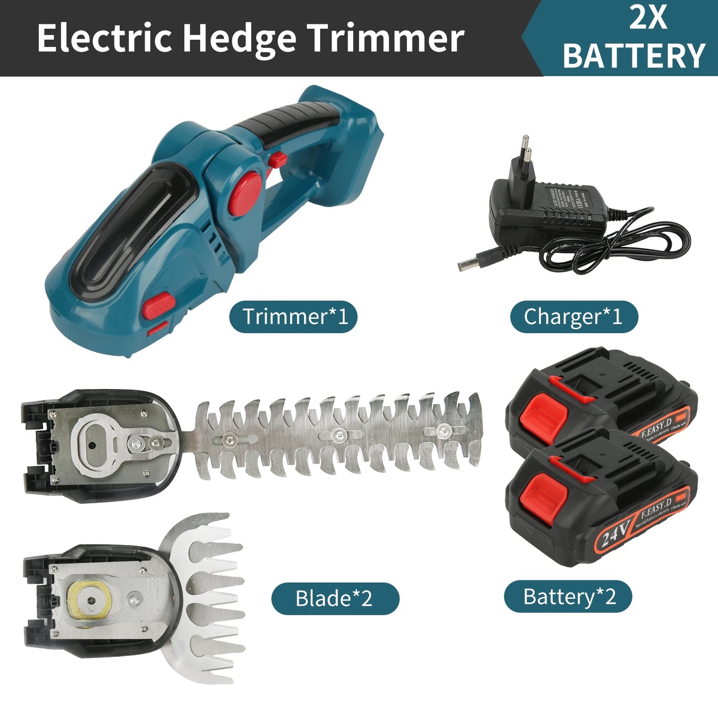 Taille-Haies & Cisaille à Gazon Électrique Sans Fil 2-en-1 – 20 000 tr/min, Rechargeable, 750g