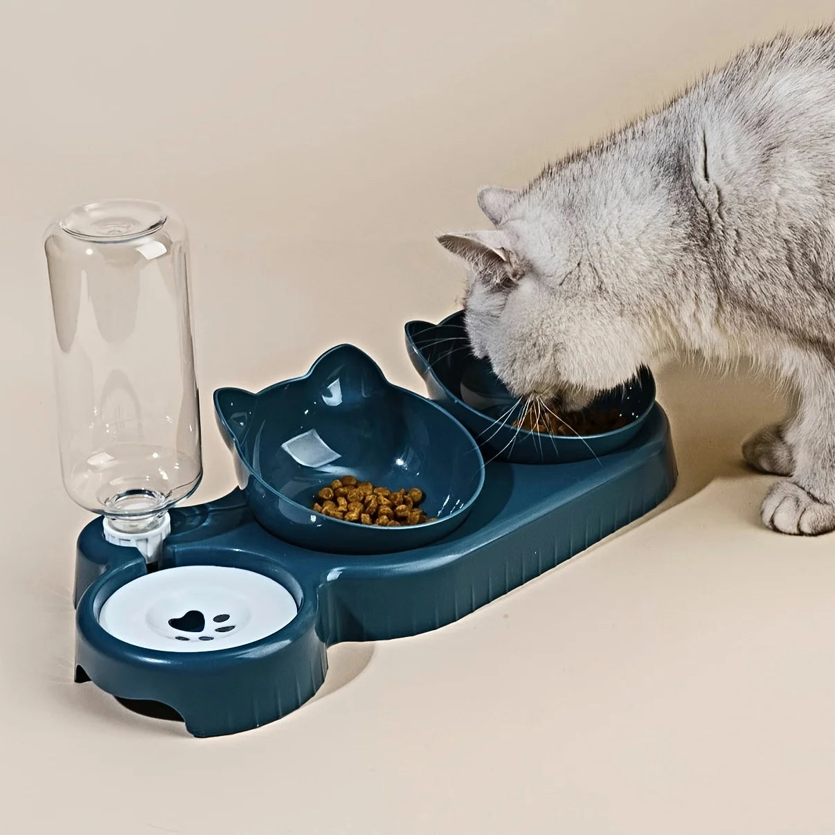 Gamelle Chat 3 en 1 avec Distributeur d'Eau — Design Oreilles, Inclinée, Protection Cervicale