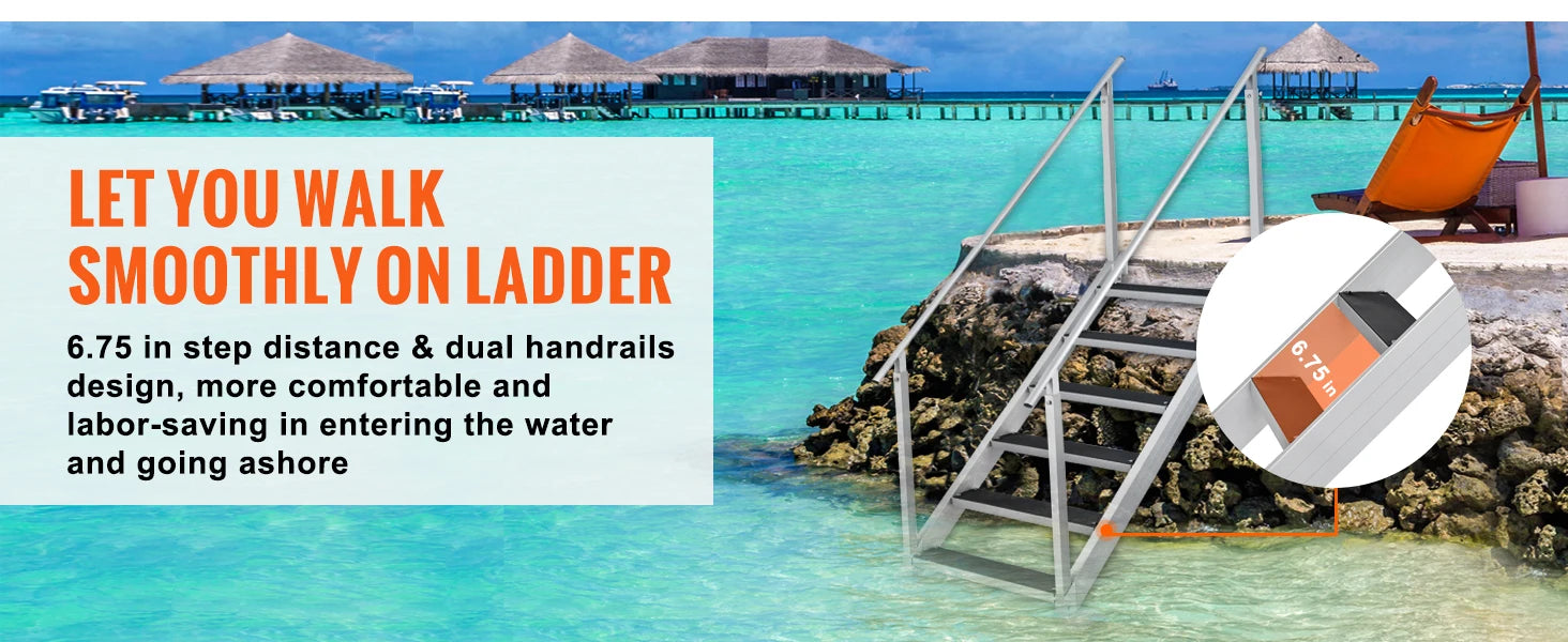 Échelle Ponton Aluminium Double Rampe - 4/6 Marches Antidérapantes, Hauteur Ajustable, 227kg - Piscine Bateau Lac
