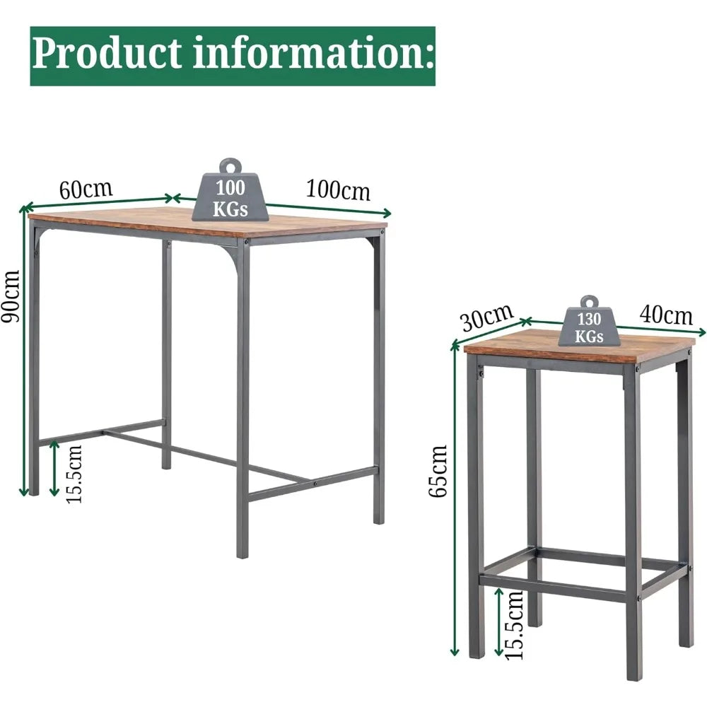 Set de Bar 5 Pièces - Table Bistro + 4 Tabourets Hauts Cadre Acier Style Industriel Marron Rustique