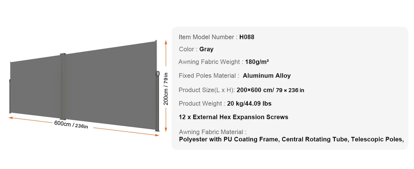Auvent Latéral Rétractable – Brise-Vue Polyester Imperméable UV30+, Pare-Vent Extérieur