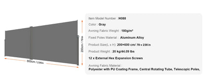 Auvent Latéral Rétractable – Brise-Vue Polyester Imperméable UV30+, Pare-Vent Extérieur