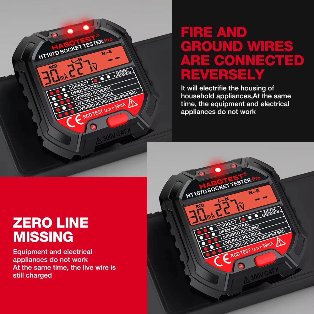 HABOTEST HT107 Digital Socket Tester Voltage 30mA RCD Test Smart Detector EU US UK Plug Ground Zero Line Polarity Phase Check