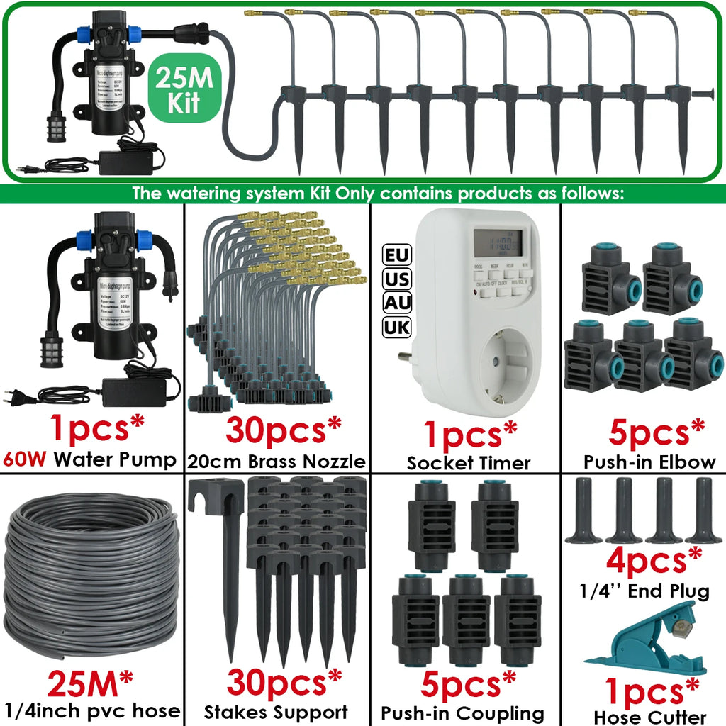 Kit d'Irrigation Jardin 5-30M - Pompe 60W Timer Buse Cuivre 360° Arrosage Automatique Serre