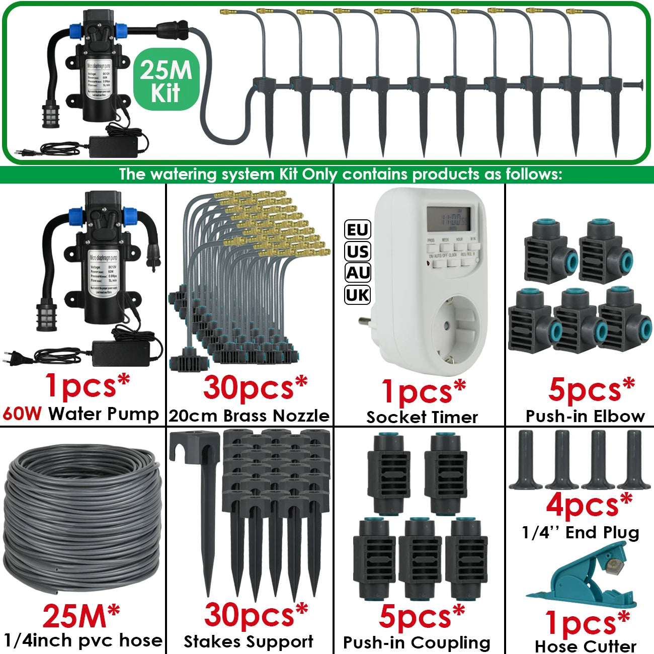 Kit d'Irrigation Jardin 5-30M - Pompe 60W Timer Buse Cuivre 360° Arrosage Automatique Serre