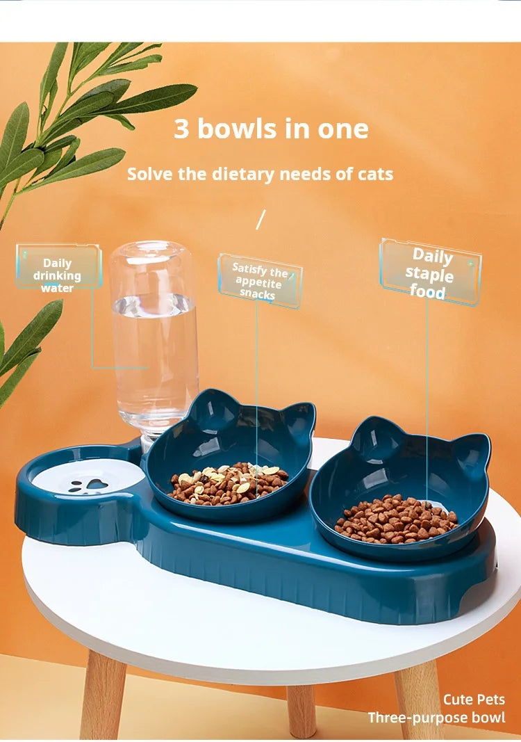 Gamelle Chat 3 en 1 avec Distributeur d'Eau — Design Oreilles, Inclinée, Protection Cervicale