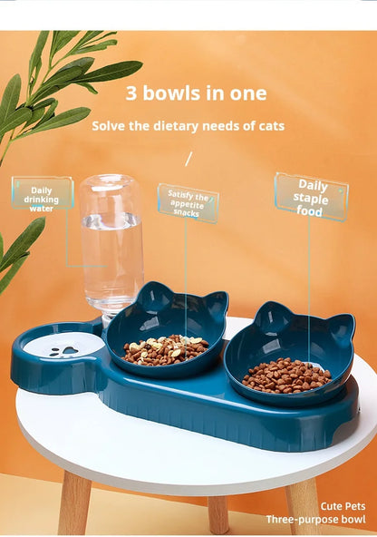 Gamelle Chat 3 en 1 avec Distributeur d'Eau — Design Oreilles, Inclinée, Protection Cervicale