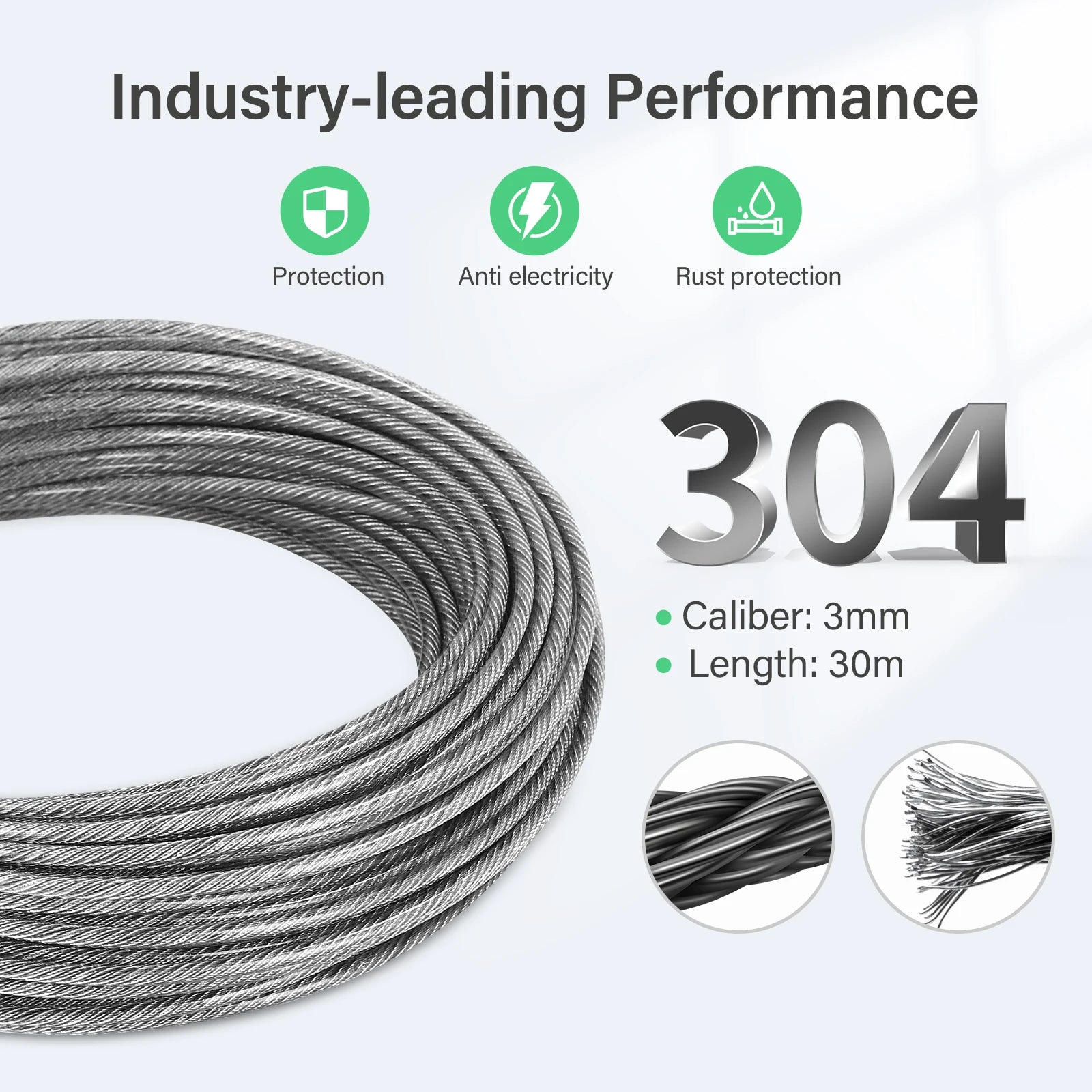 Kit Câble Acier Inoxydable 30M Ø 3mm - 304 Inox - Tendeur Crochets - Jardin Pergola Clôture