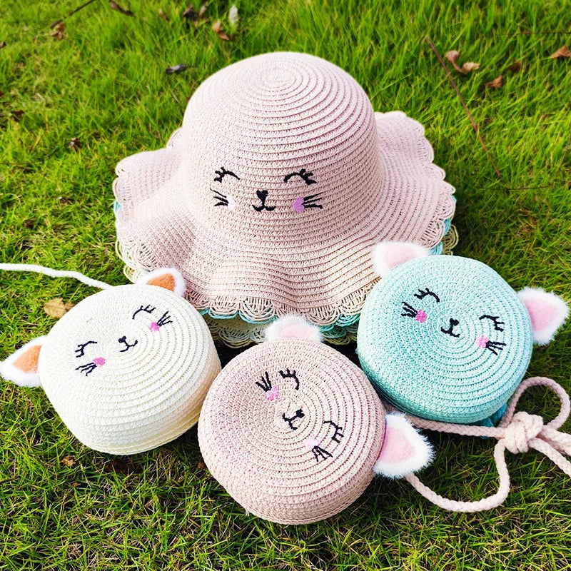 Summer Straw Bag Children's Small Shoulder Bags Baby Girls Mini Coin Purses Cute Cat Kids Chest Crossbody Bags Cartoon Straw Hat