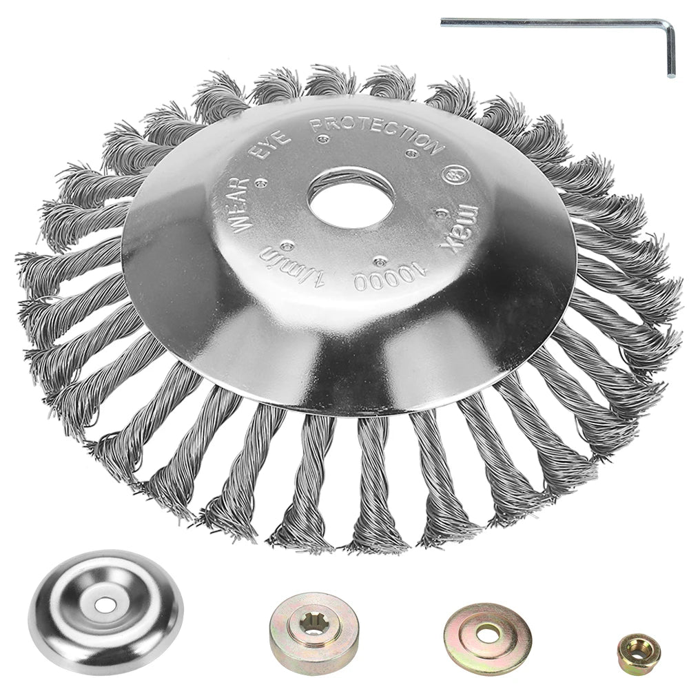 Brosse désherbeuse rotative en fil d’acier torsadé – 6 ou 8 pouces | Débroussailleuse & Dérouillage